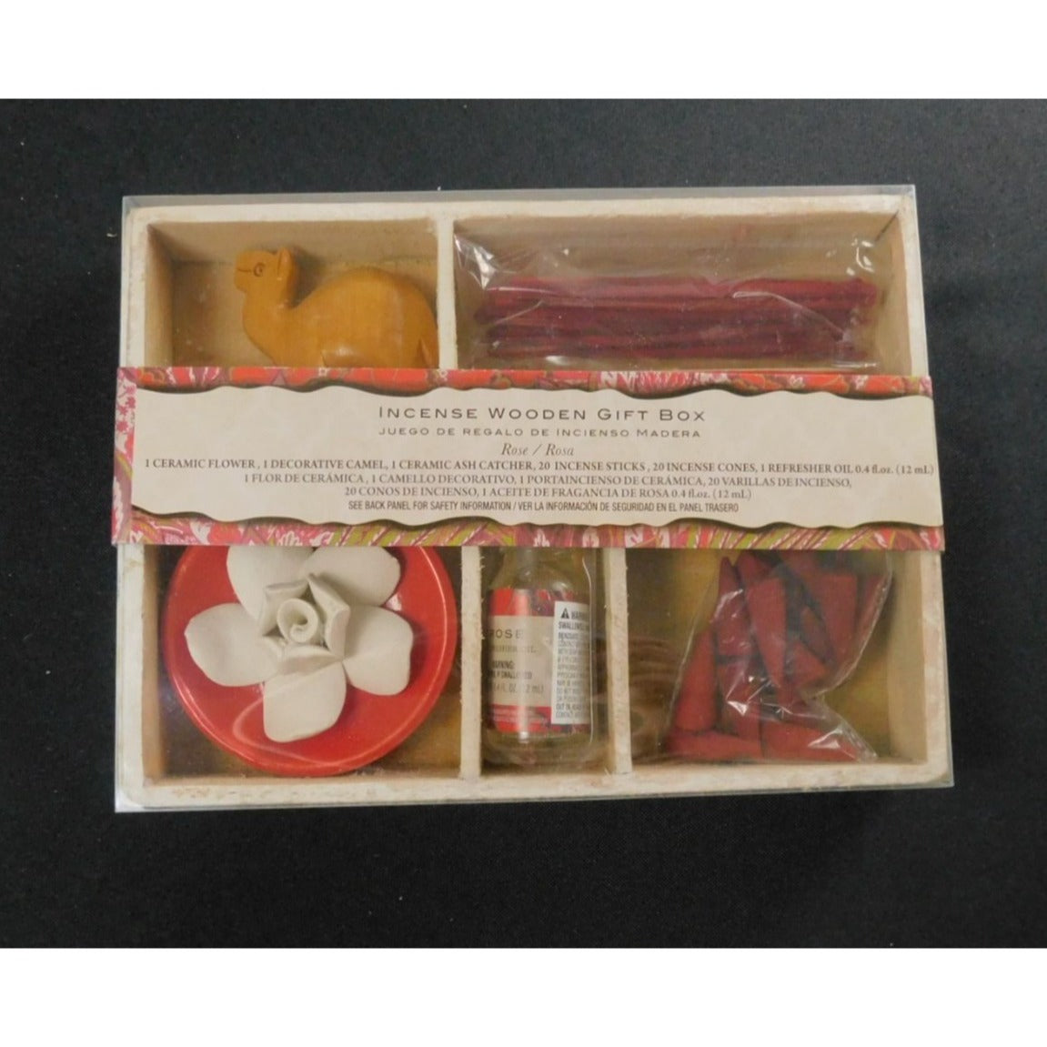 Coffret cadeau en bois d'encens Flora Classique avec bâtonnets décoratifs en céramique pour attrape-cendres de chameau, cônes et huile
