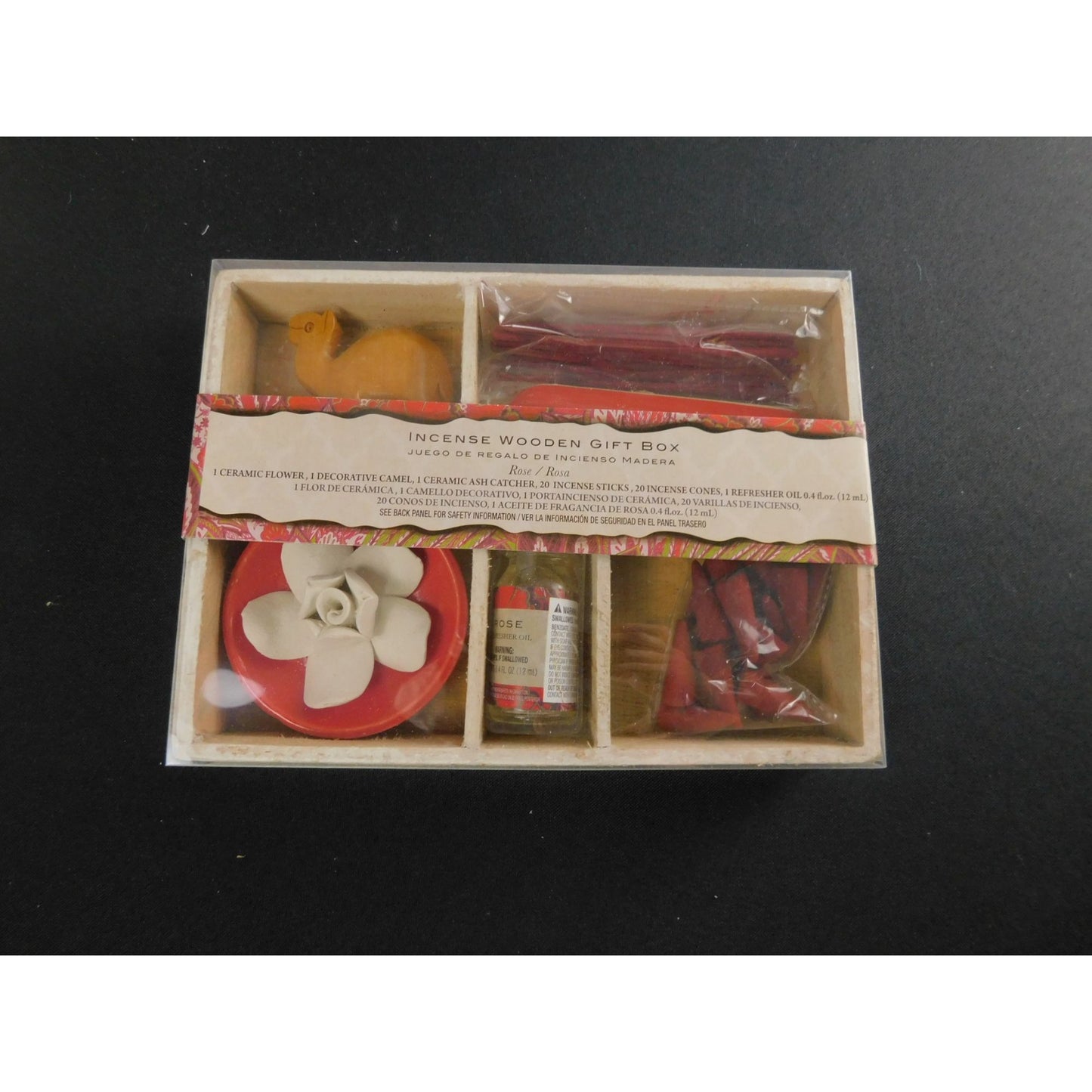 Coffret cadeau en bois d'encens Flora Classique avec bâtonnets décoratifs en céramique pour attrape-cendres de chameau, cônes et huile