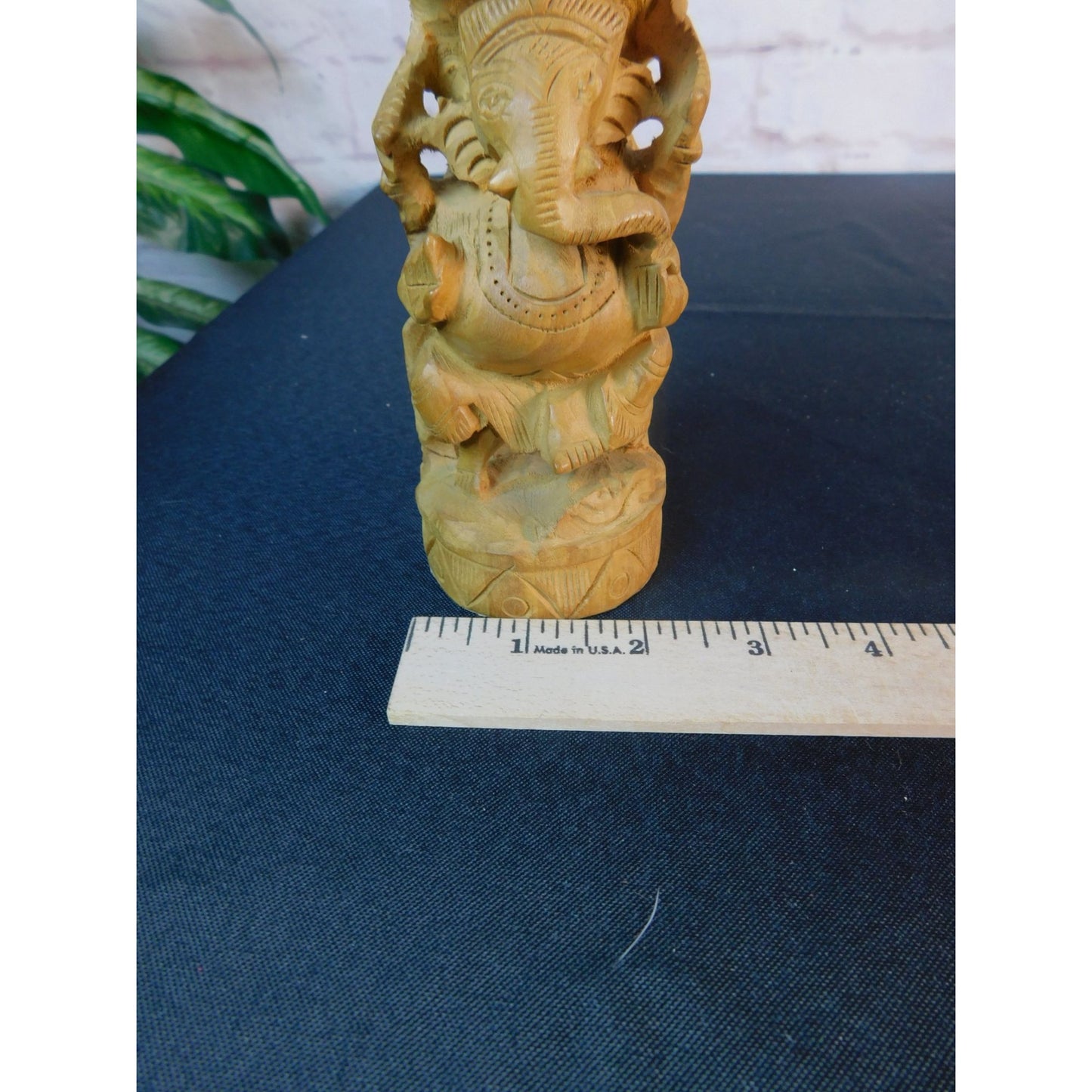 Vintage Hand-Carved Wood Ganesh Idol Elephant God Statue with Umbrella 6.25"