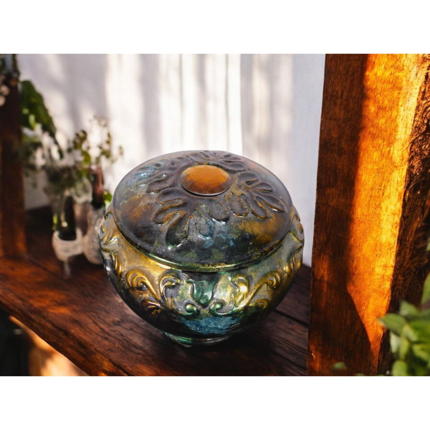 Antique Glazed Ceramic Jar with Lid Bohemian Rustic Decor 6" Tall