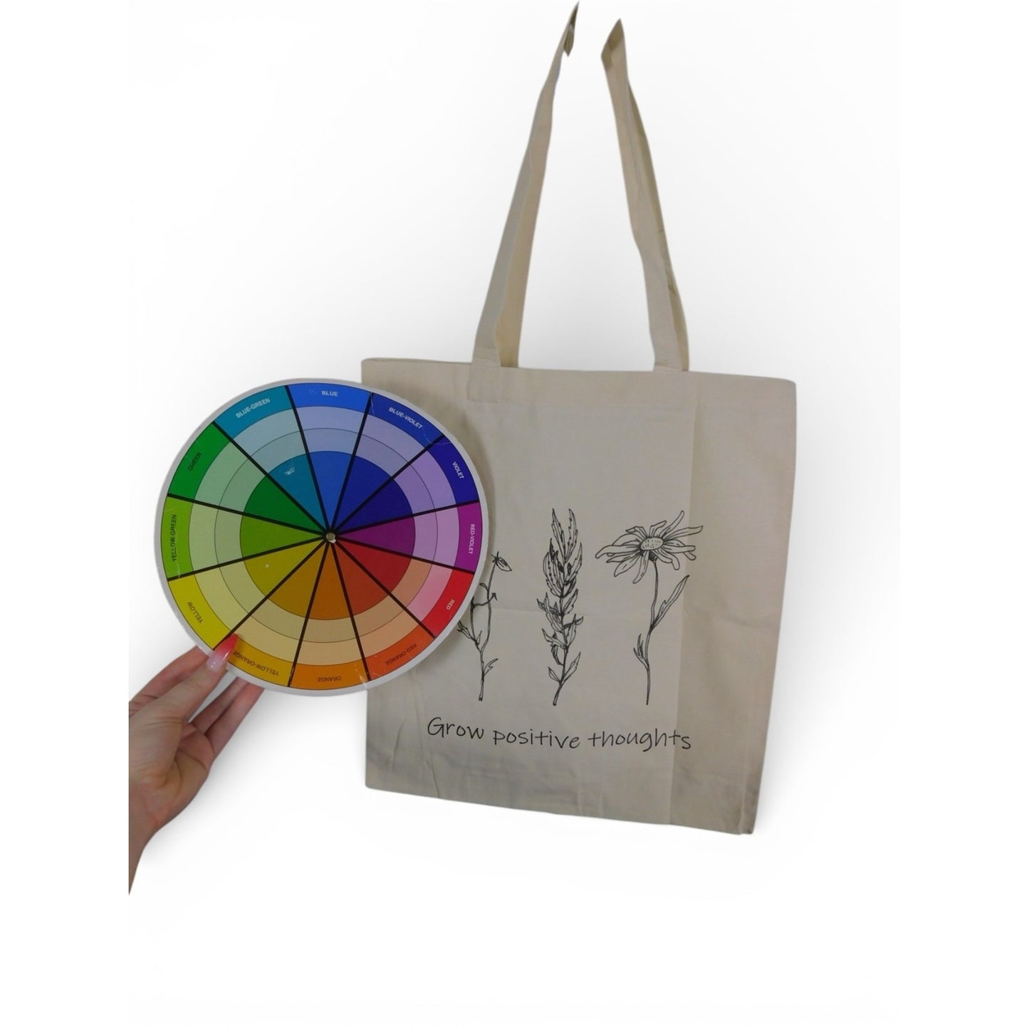 Tote Bag Womens Large Beige Canvas Floral Grow Positive Thoughts Reusable