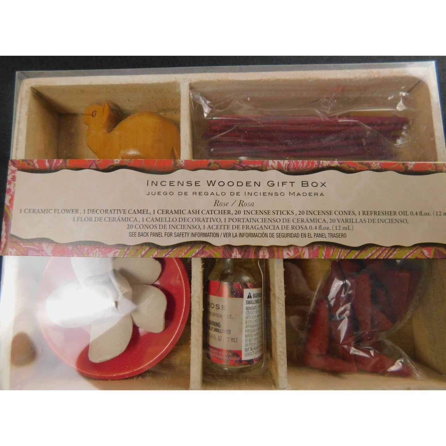 Coffret cadeau en bois d'encens Flora Classique avec bâtonnets décoratifs en céramique pour attrape-cendres de chameau, cônes et huile