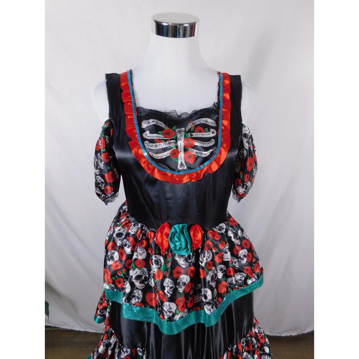 Dia de los Muertos Costume Dress Womens XL Black Red Sugar Skull Ruffle Tiered