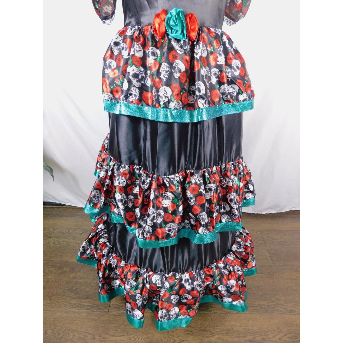 Dia de los Muertos Costume Dress Womens XL Black Red Sugar Skull Ruffle Tiered