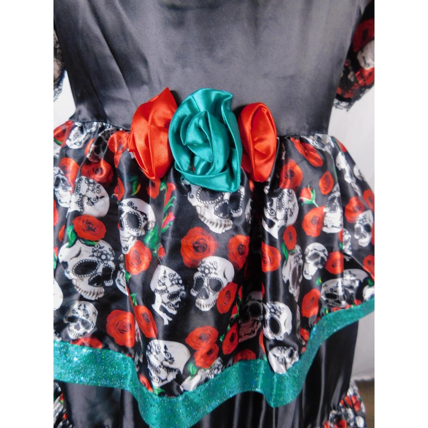 Dia de los Muertos Costume Dress Womens XL Black Red Sugar Skull Ruffle Tiered