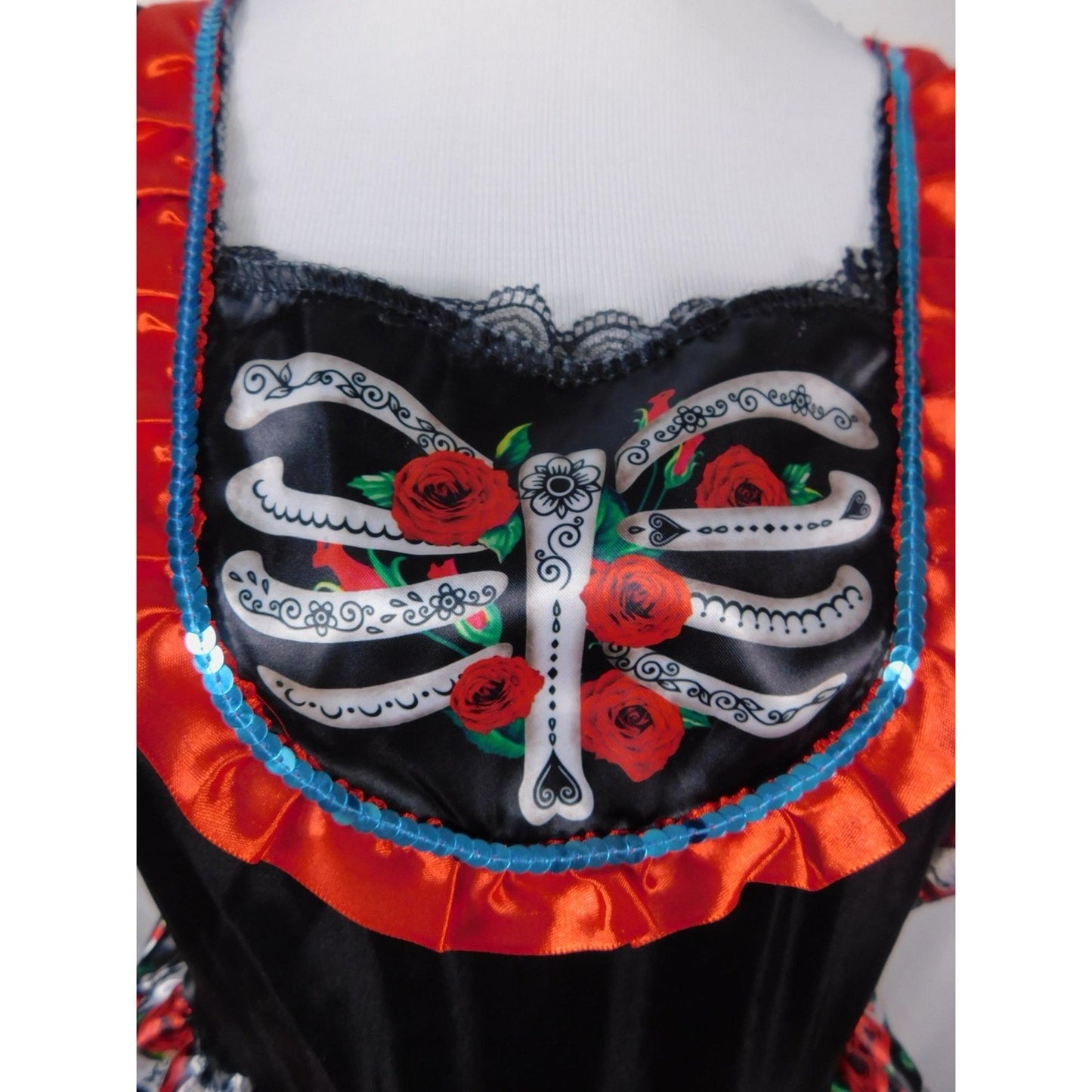 Dia de los Muertos Costume Dress Womens XL Black Red Sugar Skull Ruffle Tiered