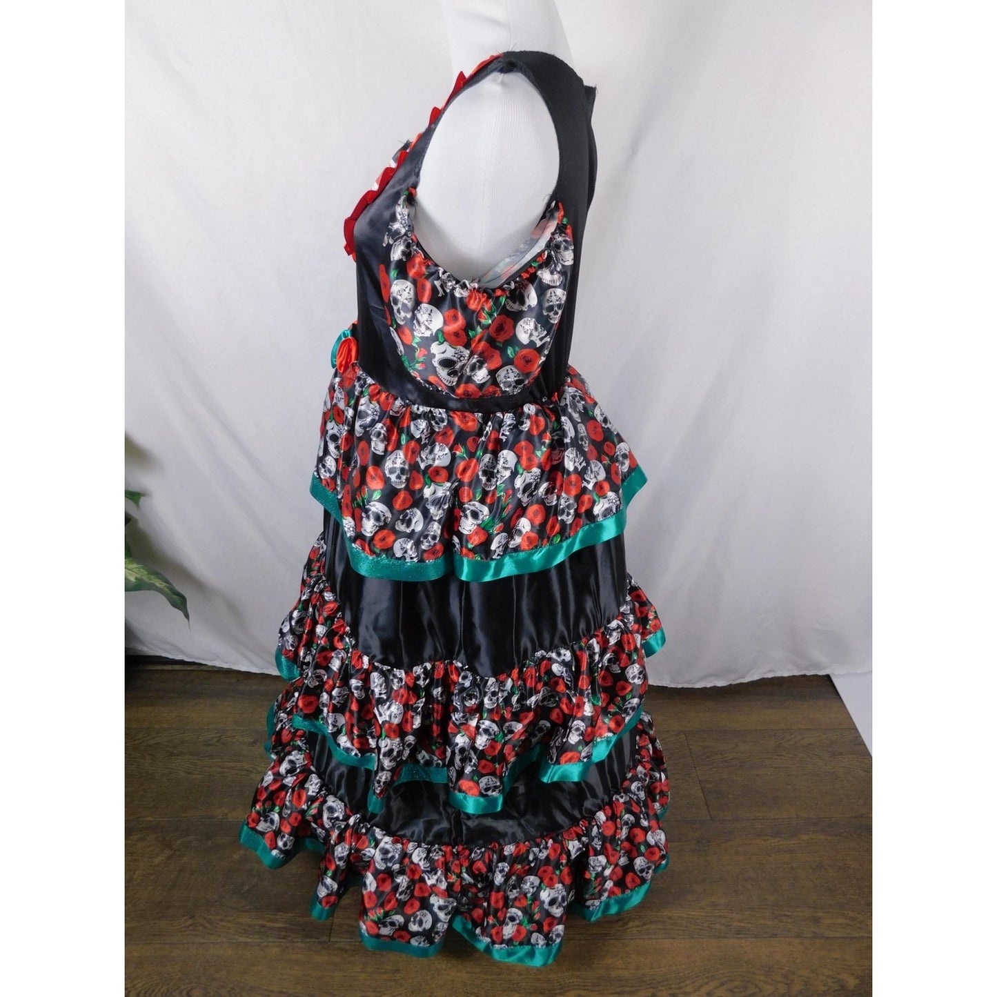Dia de los Muertos Costume Dress Womens XL Black Red Sugar Skull Ruffle Tiered