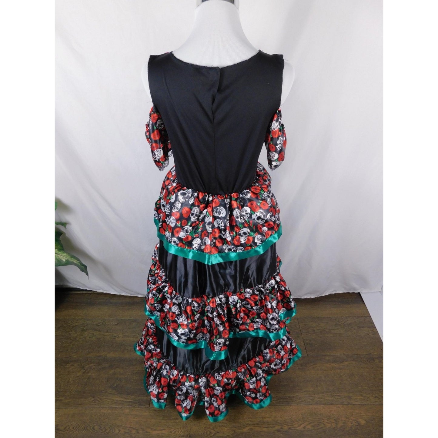 Dia de los Muertos Costume Dress Womens XL Black Red Sugar Skull Ruffle Tiered