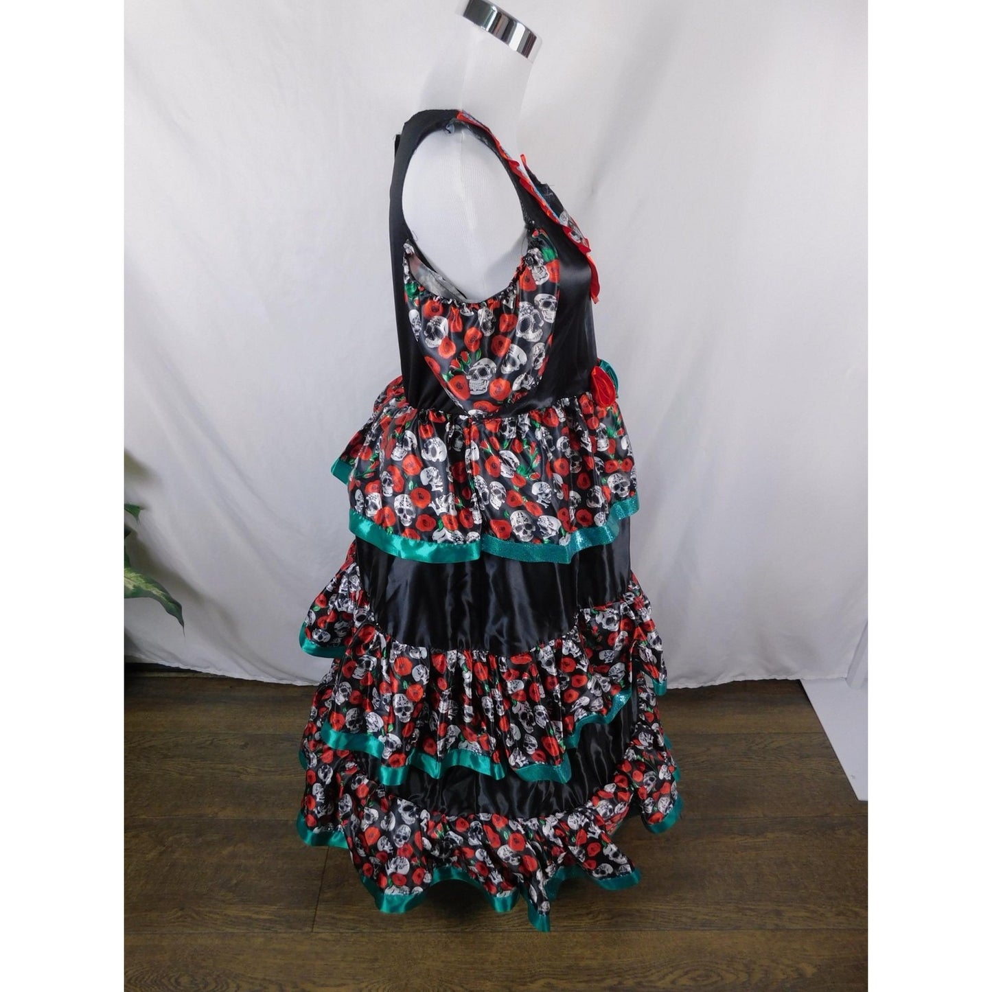 Dia de los Muertos Costume Dress Womens XL Black Red Sugar Skull Ruffle Tiered