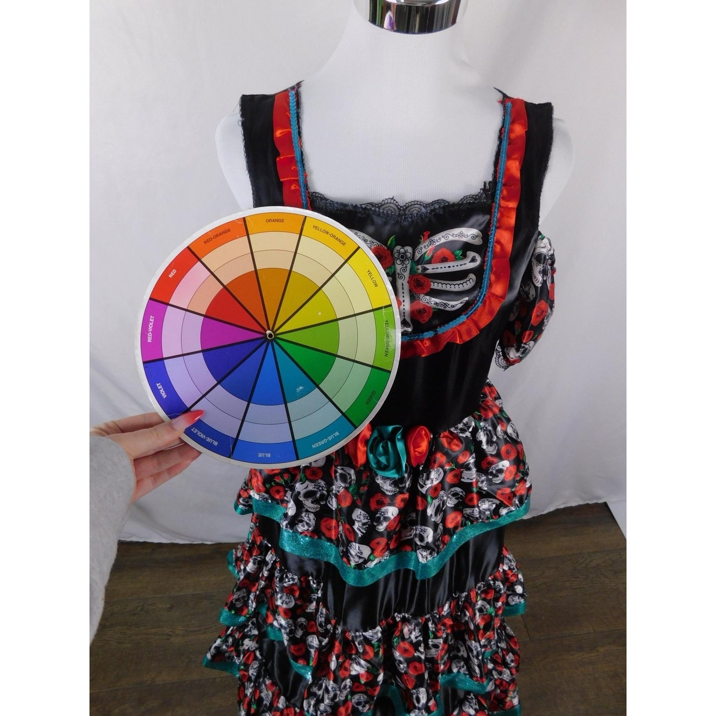 Dia de los Muertos Costume Dress Womens XL Black Red Sugar Skull Ruffle Tiered