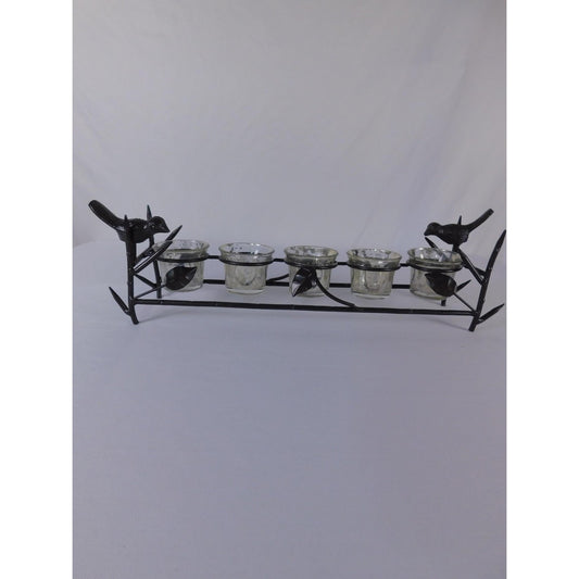 Vintage Black Metal Bird Branch Tealight Candle Holder 4 Glass Cups