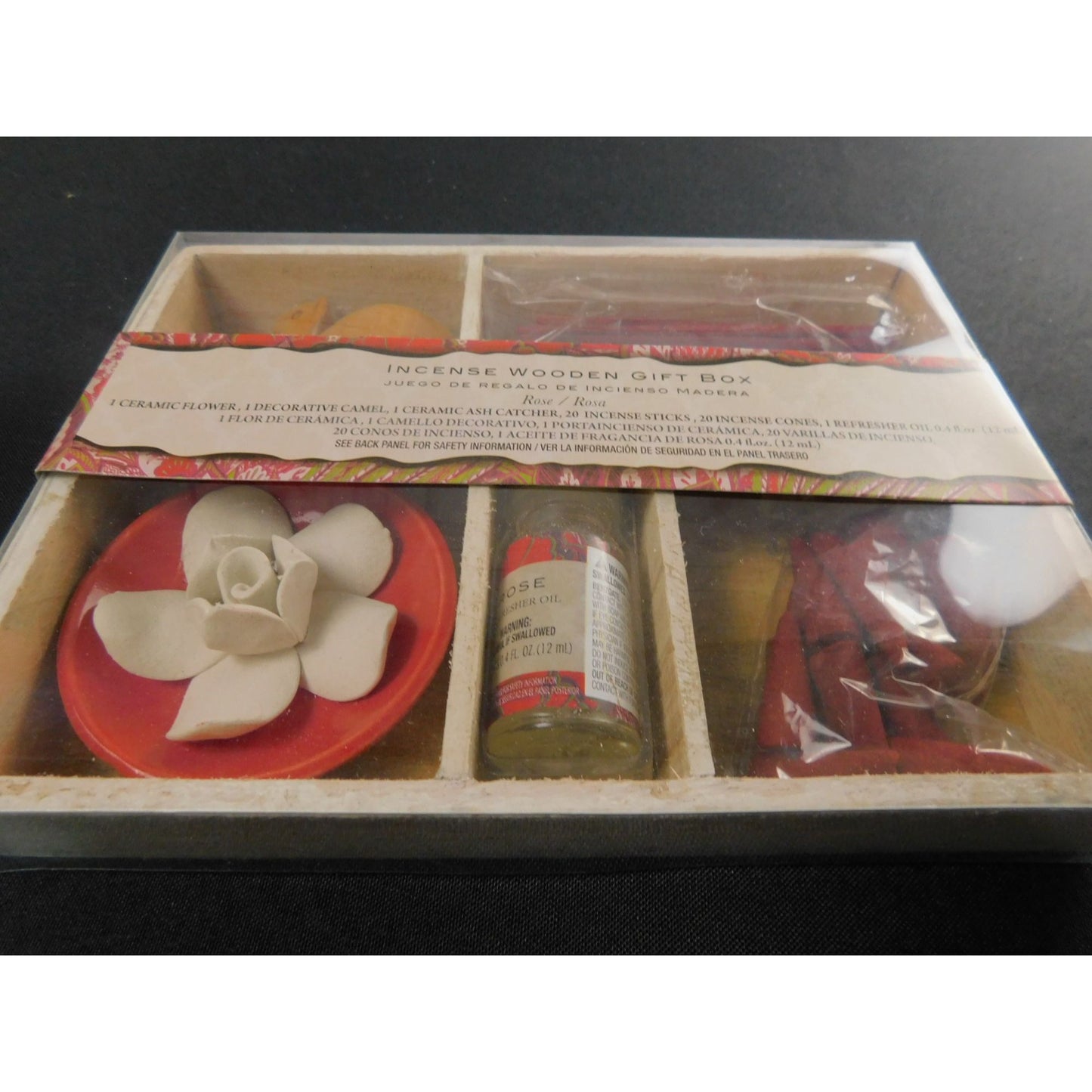 Coffret cadeau en bois d'encens Flora Classique avec bâtonnets décoratifs en céramique pour attrape-cendres de chameau, cônes et huile