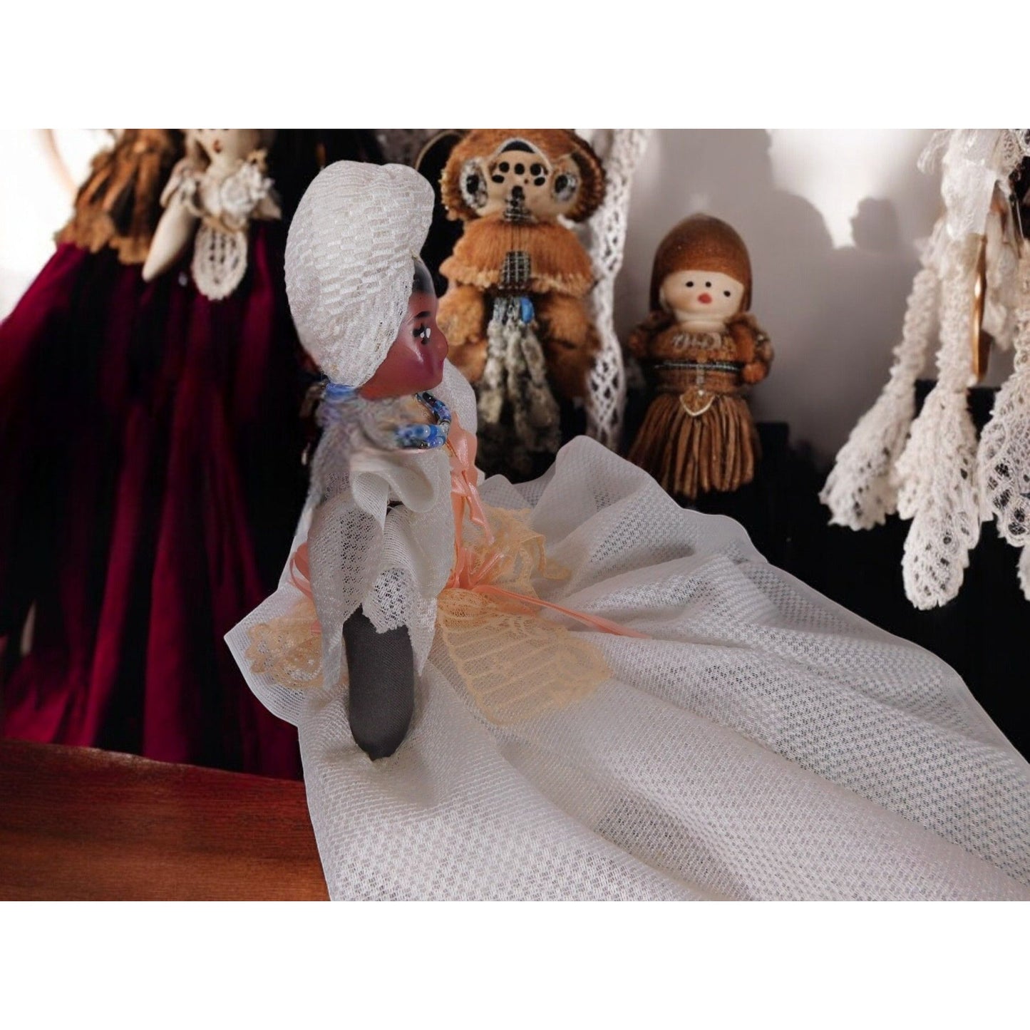 Rare Handmade Vintage Doll 12" Folk Art Lace Dress One-of-a-Kind