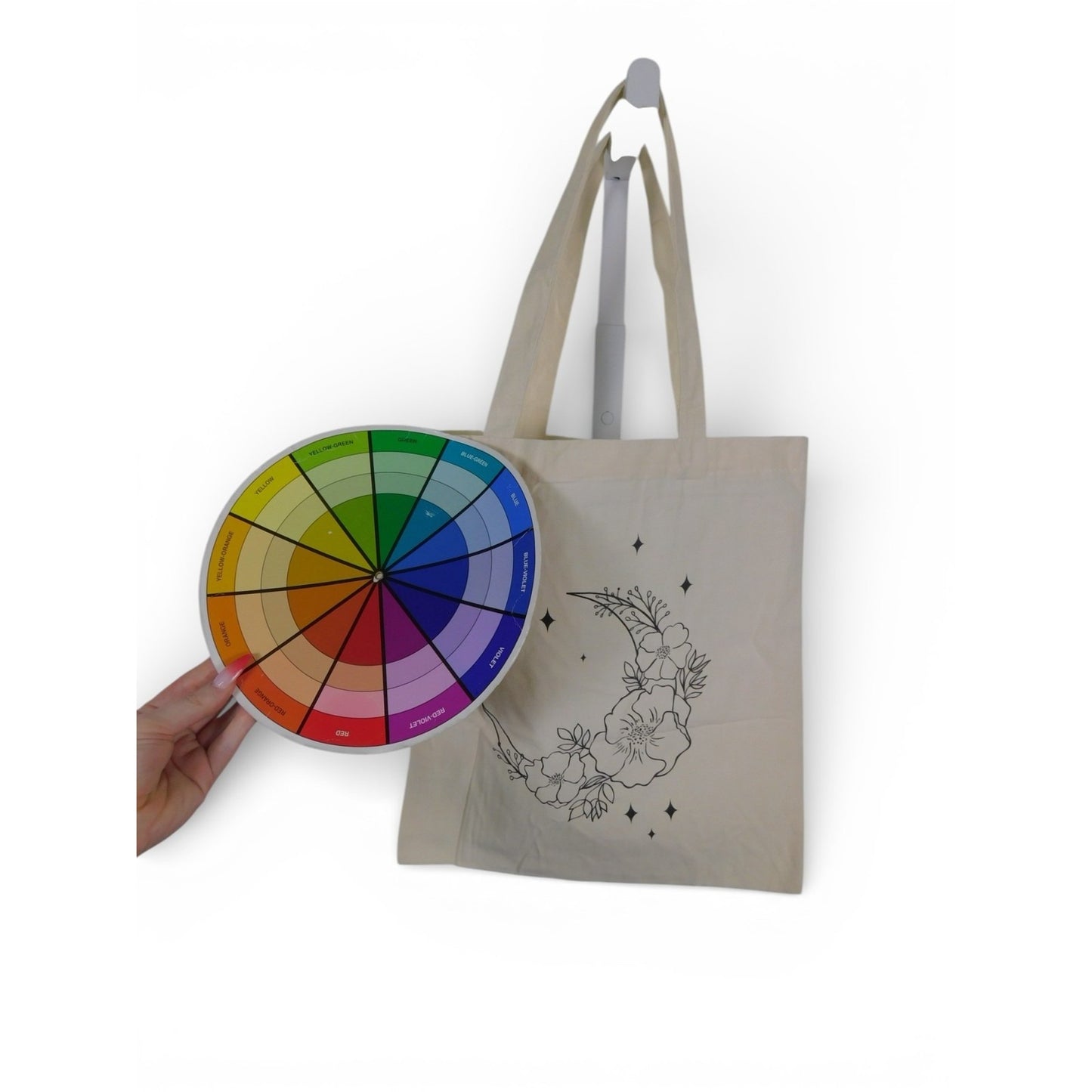 Tote Bag Womens Medium Beige Canvas Crescent Moon Floral Stars Print Shopping