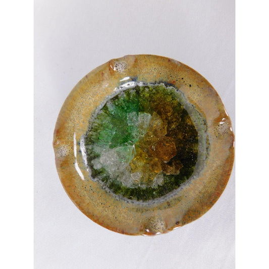 Vintage Crushed Glass Ceramic Ashtray Brown Green Multicolor Pottery Retro Decor