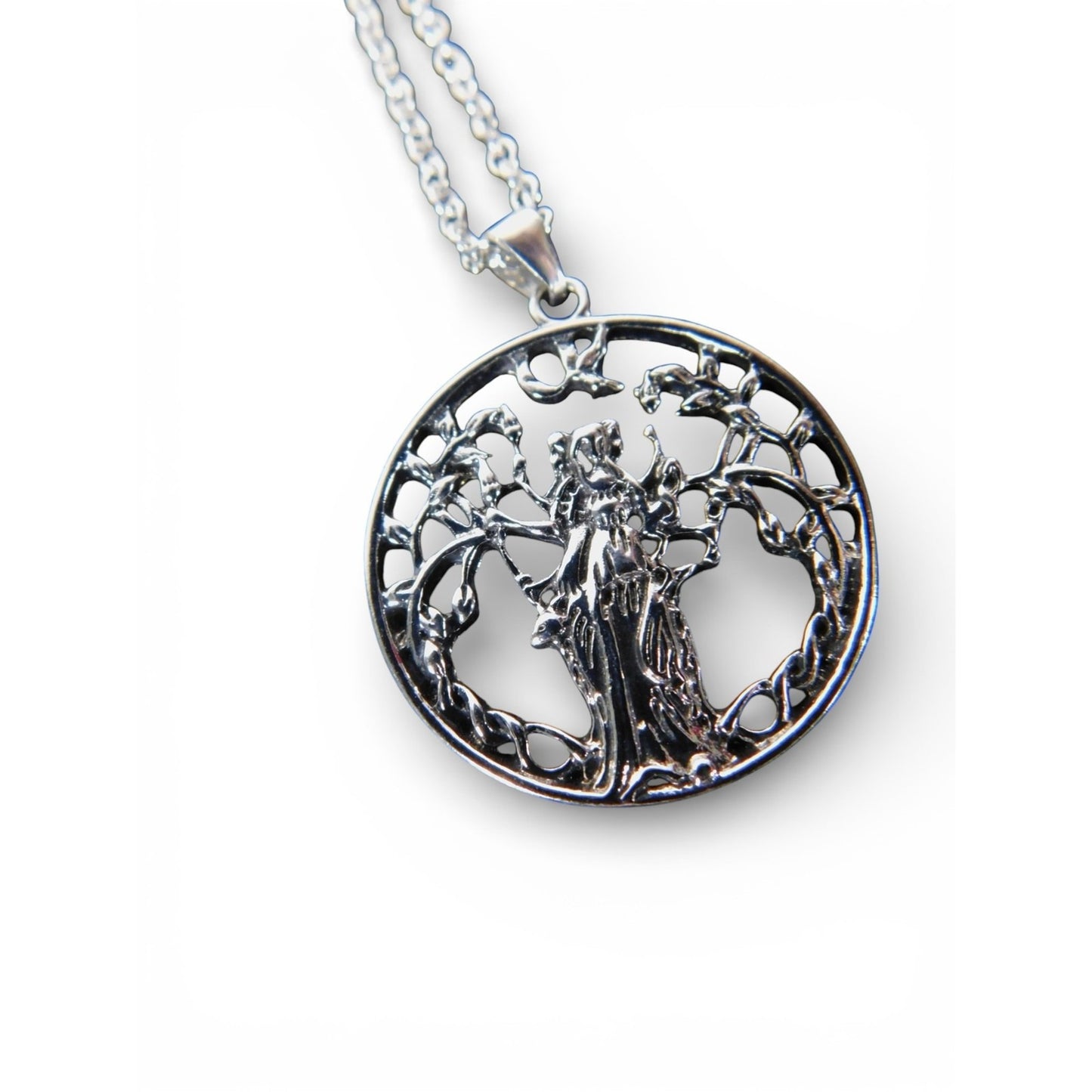 Goddess Tree Of Life Pendant Necklace Silver Tone Round Chain Wiccan Fantasy