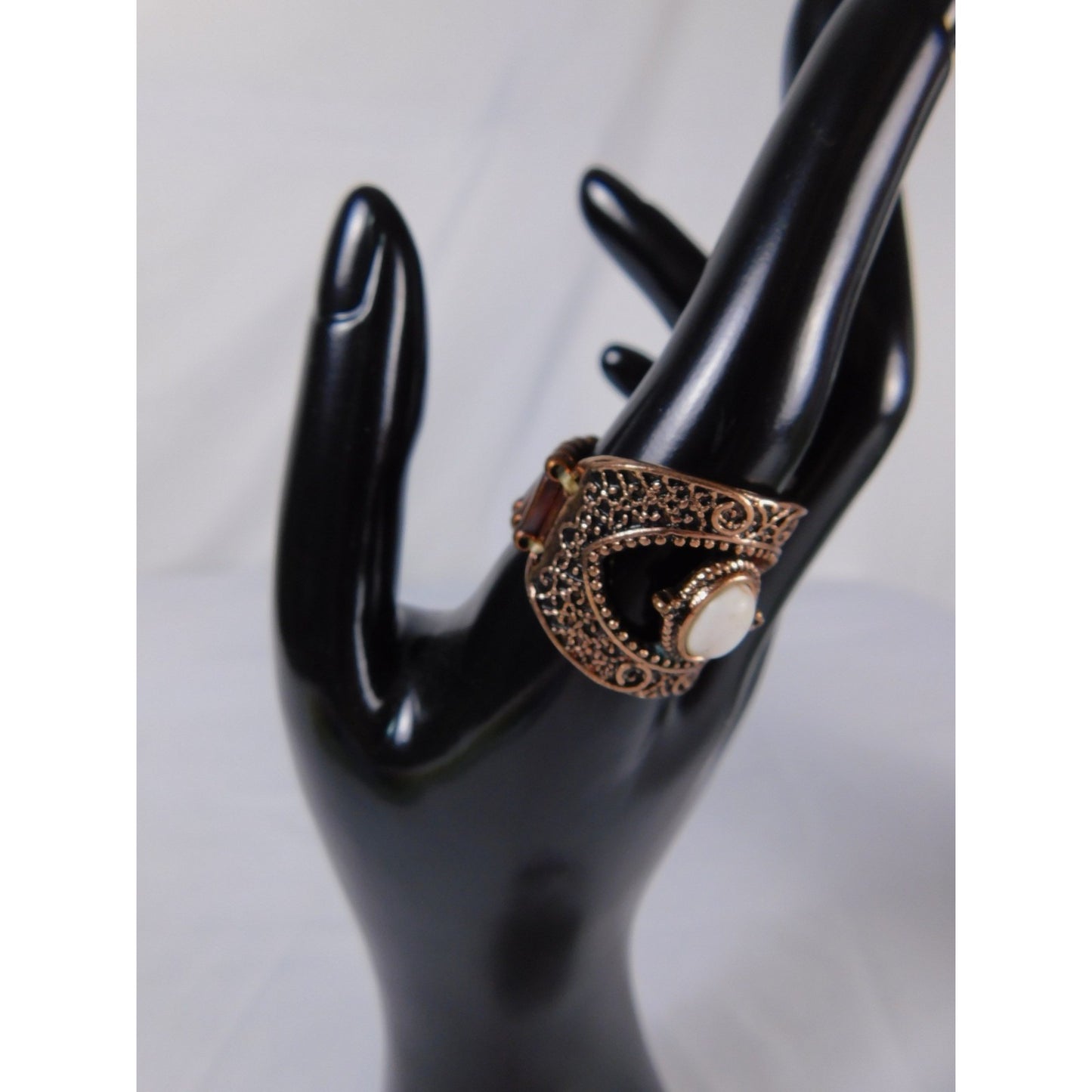 Vintage Copper Tone Filigree Stretch Ring Statement Oval White Stone Costume Jew