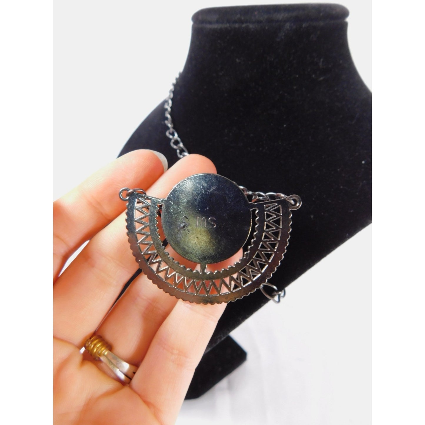 Vintage Black Gunmetal Half Circle Pendant Necklace Statement Chain MS Marked