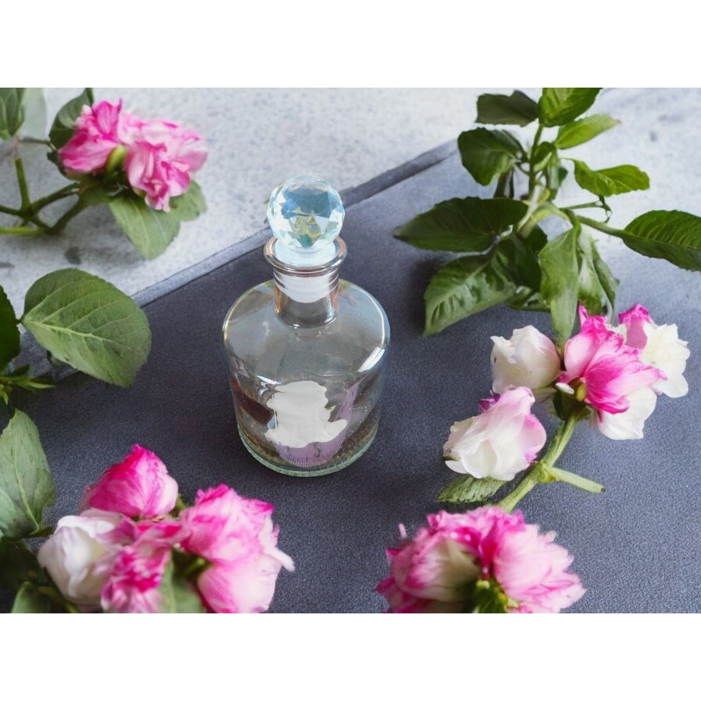 Vintage-Style Pink Clear Glass Bottle with Faceted Plastic Stopper - Perfume/Oil Decor 5.25"