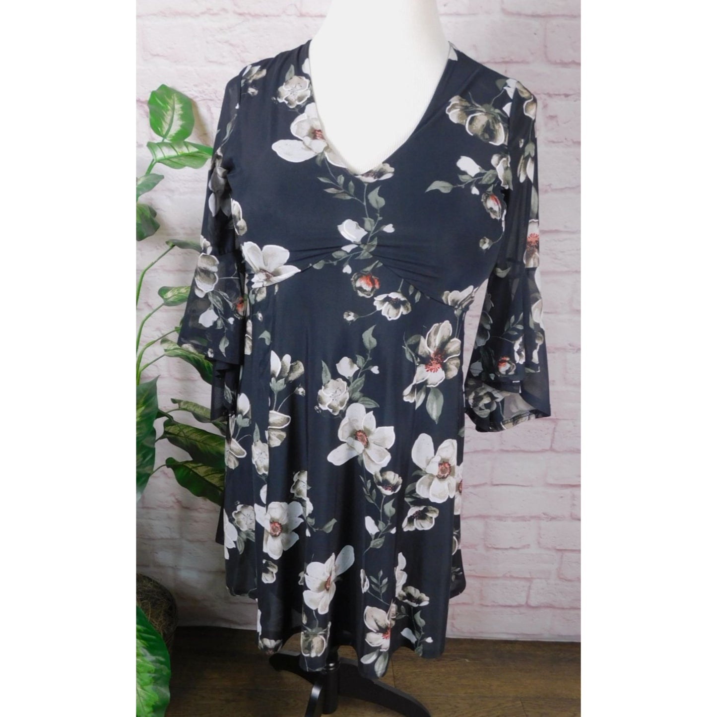 SirenLily XL Black Floral Sheer Boho Blouse Layered Flowing Top Bohemian