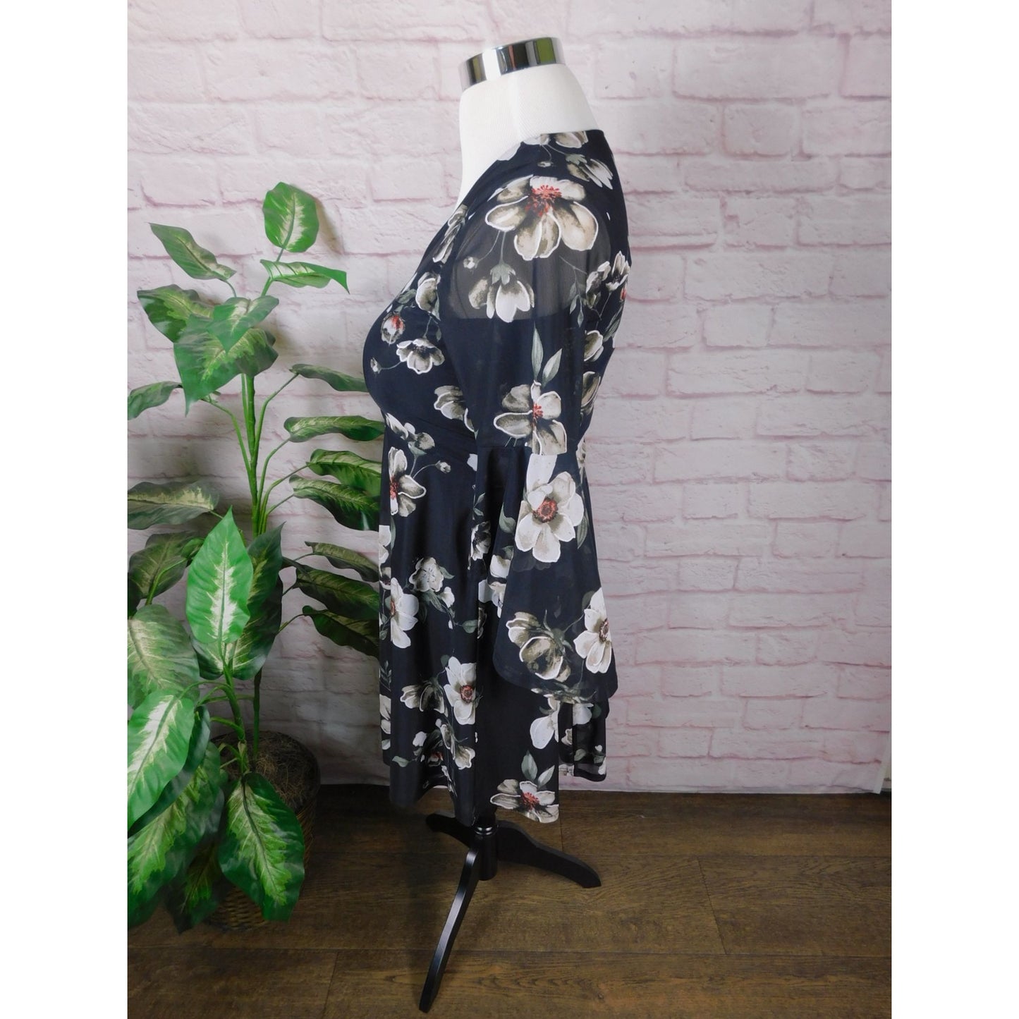 SirenLily XL Black Floral Sheer Boho Blouse Layered Flowing Top Bohemian