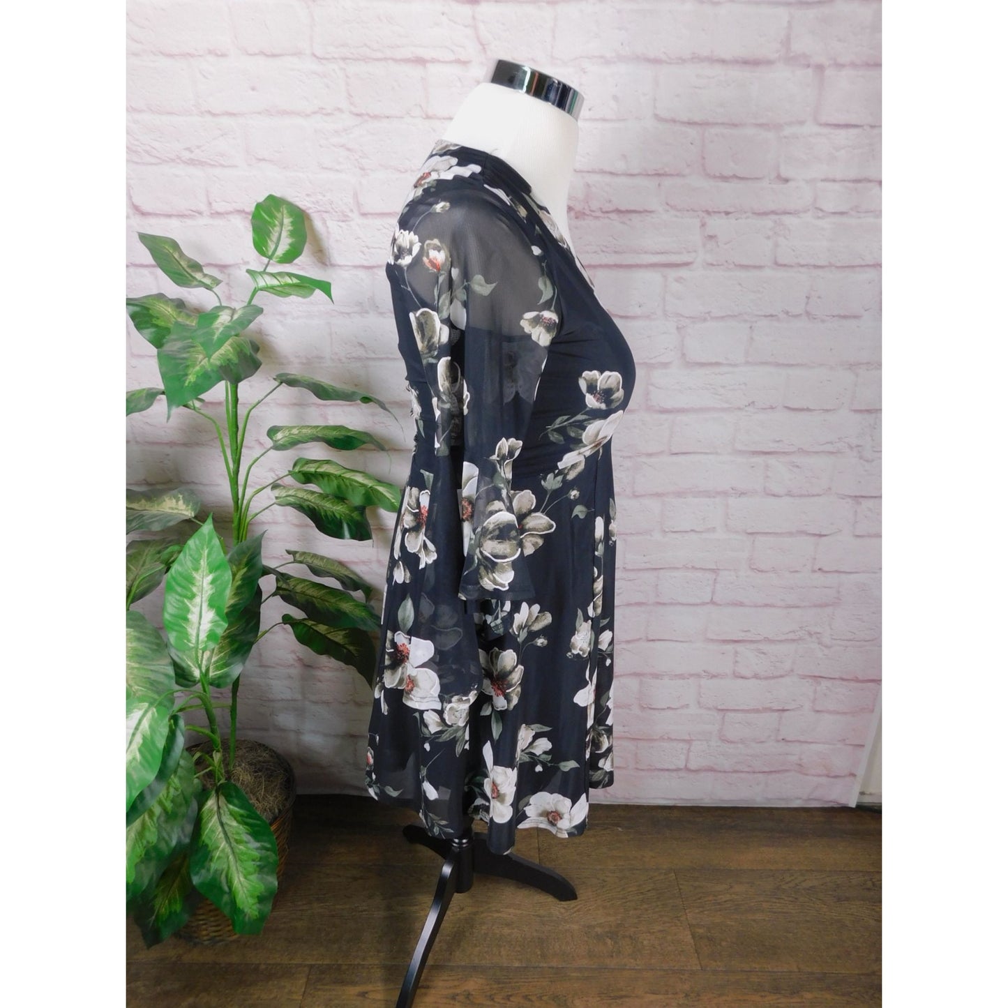 SirenLily XL Black Floral Sheer Boho Blouse Layered Flowing Top Bohemian