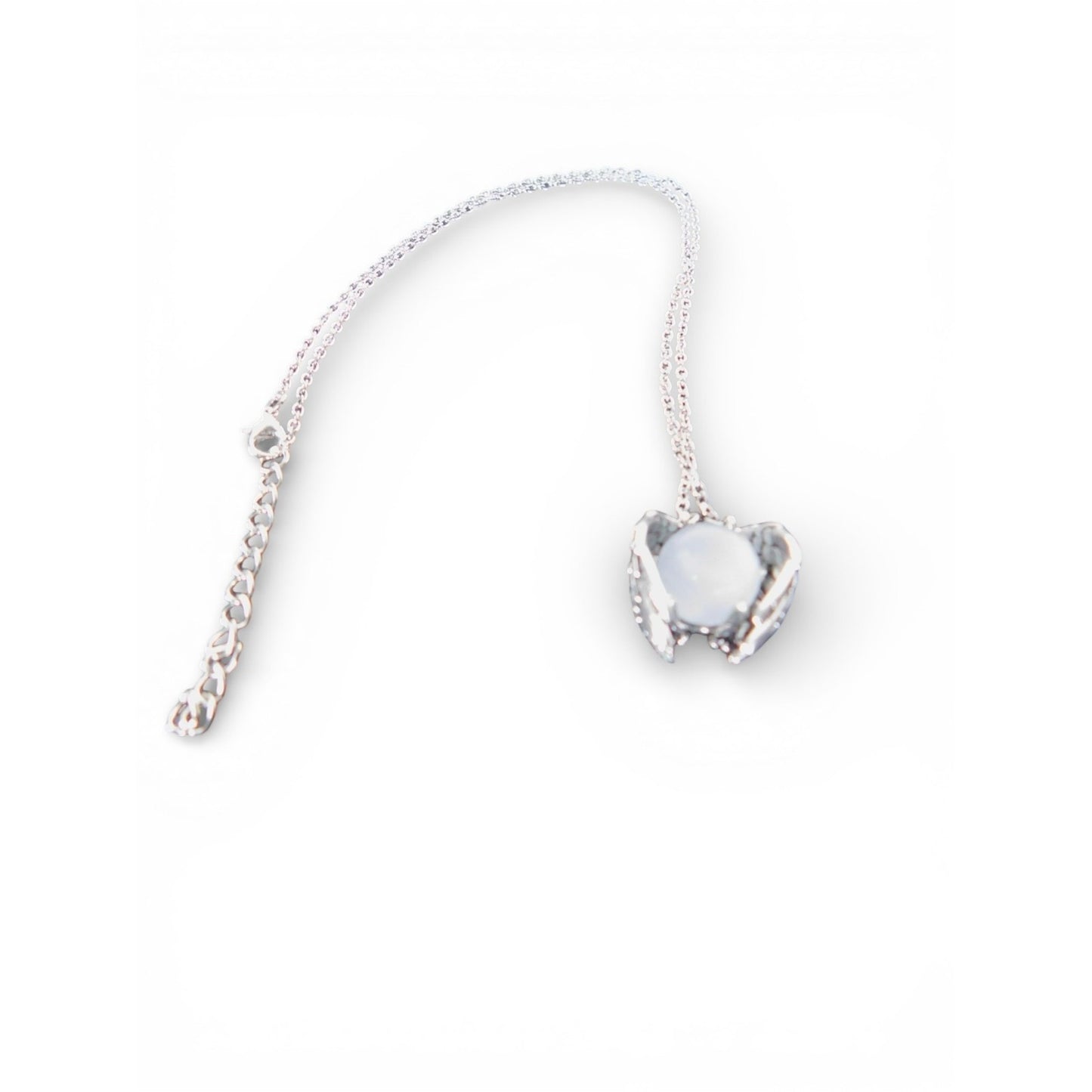 Angel Wing Pendant Necklace Silver Tone White Glass Religious Jewelry Adjustable