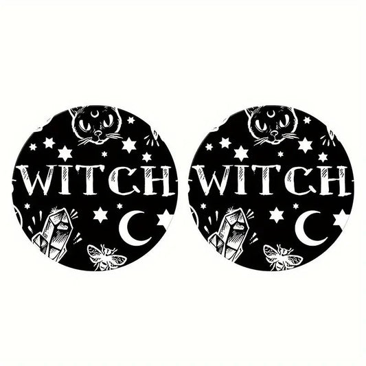 Witchy-Themed Car Coasters Black & White 2-Pack For Drink Holder Protection 2.6" Diameter