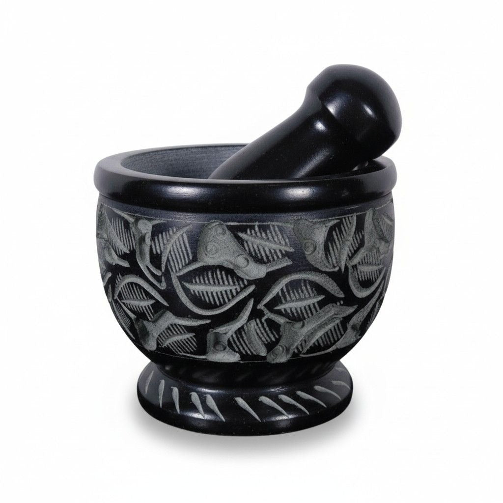 Handmade Black Soapstone Mortar & Pestle 3" - Carved Ritual Grinder - New