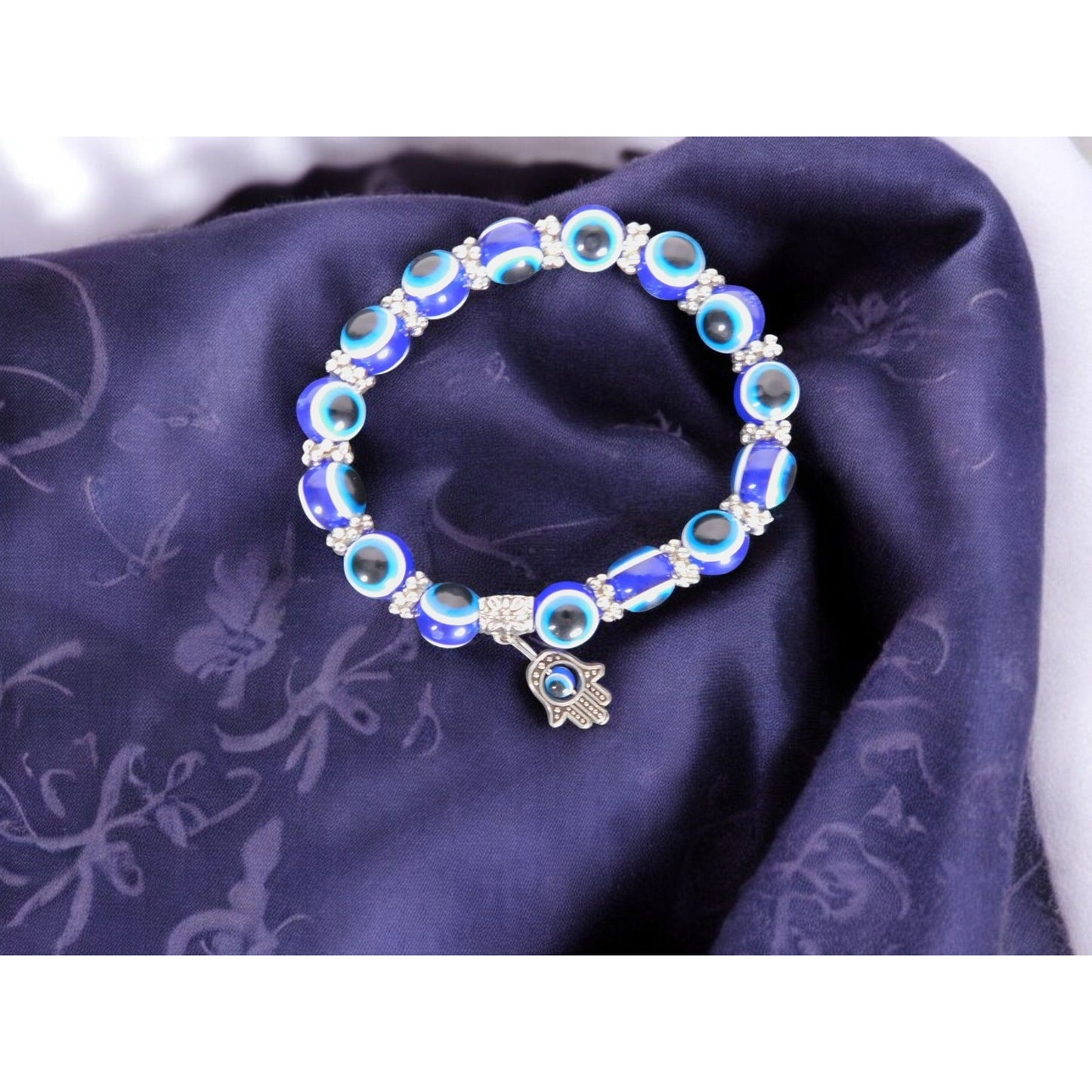 Evil Eye Bracelet with Hamsa Charm Blue Beads Stretch Witchy Protection