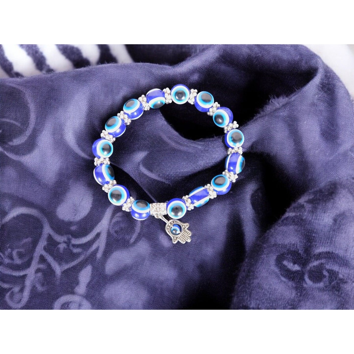 Evil Eye Bracelet with Hamsa Charm Blue Beads Stretch Witchy Protection