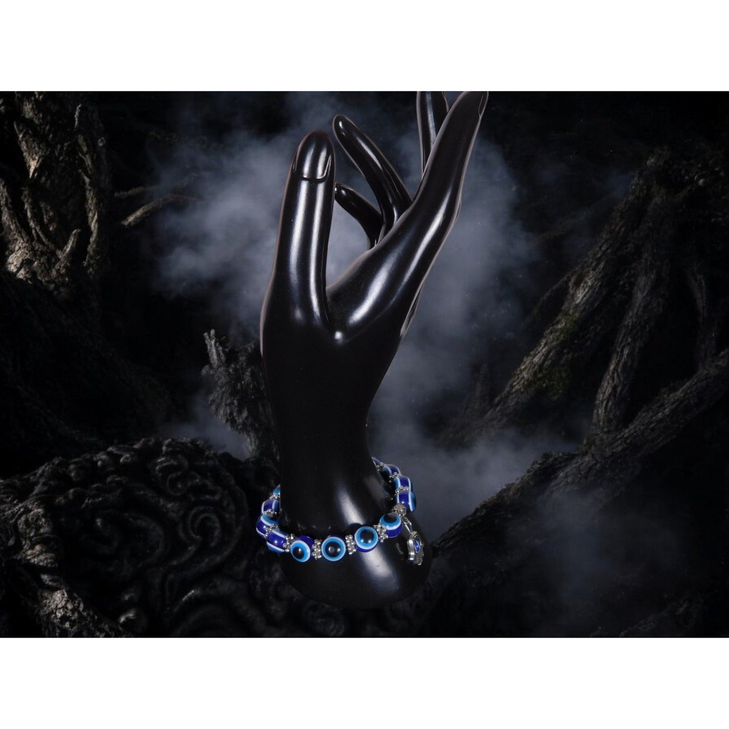 Evil Eye Bracelet with Hamsa Charm Blue Beads Stretch Witchy Protection
