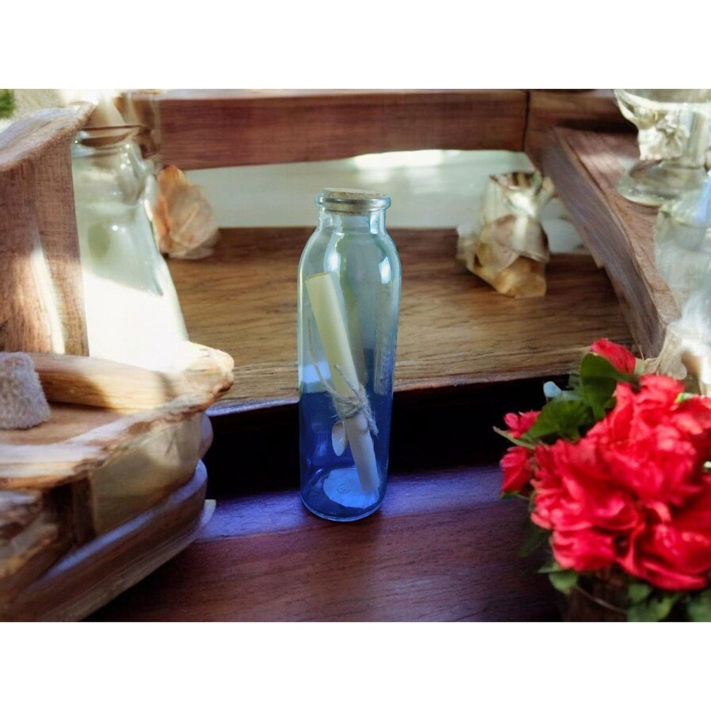 Glass Spell Bottle With Cork & Sealed Scroll 8" Clear & Blue