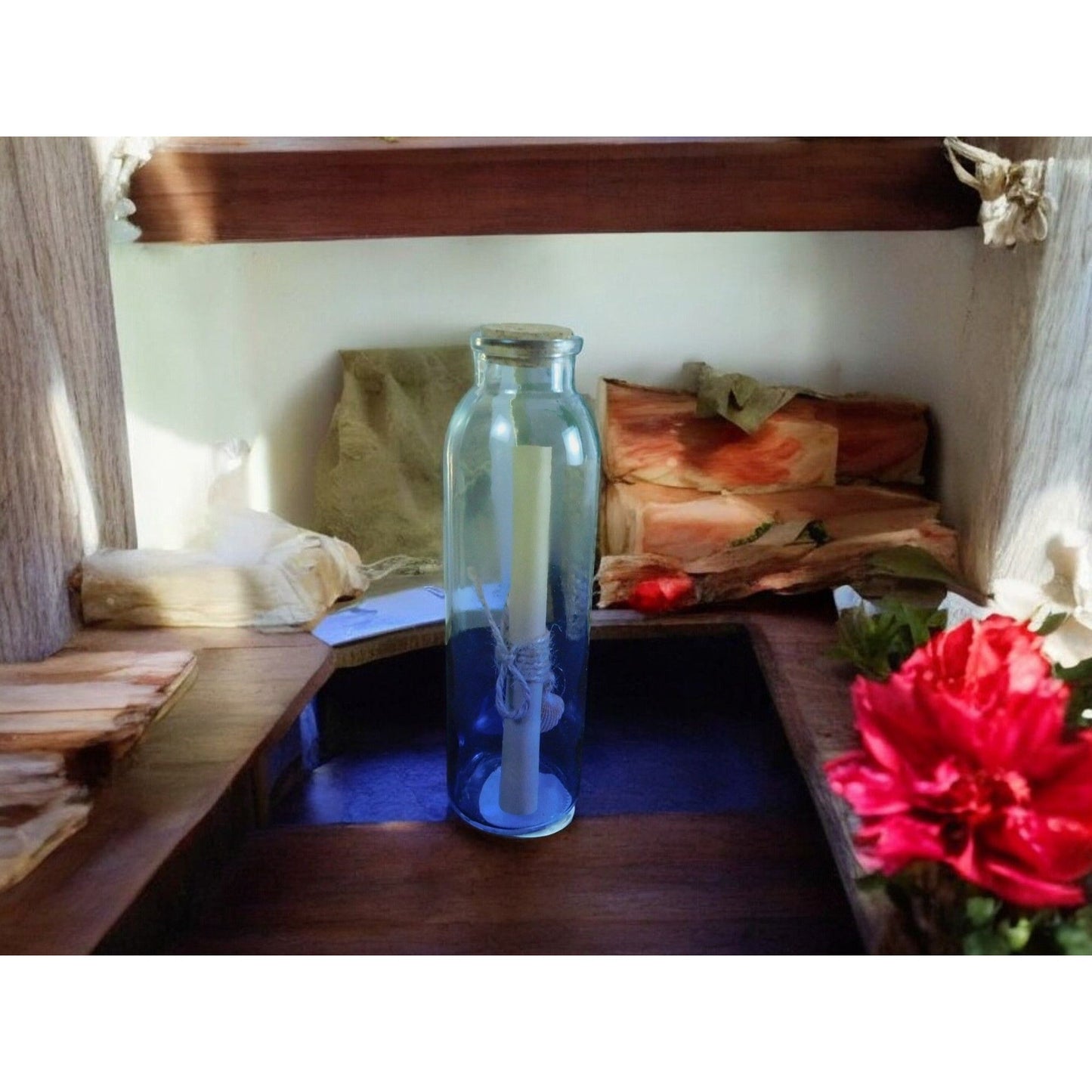 Glass Spell Bottle With Cork & Sealed Scroll 8" Clear & Blue