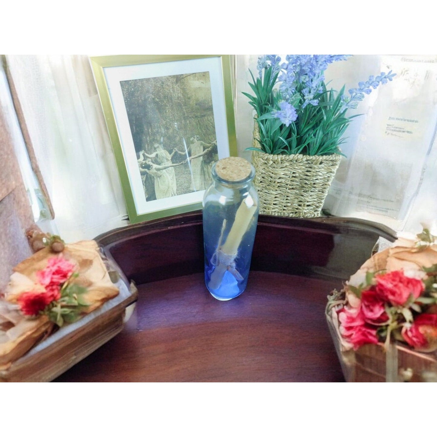 Glass Spell Bottle With Cork & Sealed Scroll 8" Clear & Blue