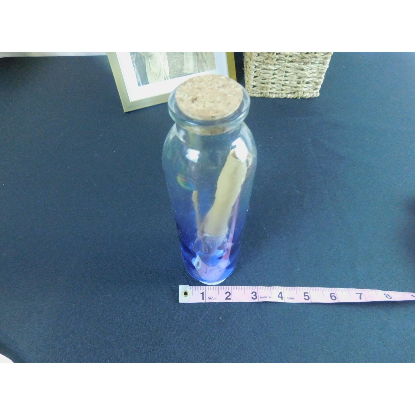 Glass Spell Bottle With Cork & Sealed Scroll 8" Clear & Blue