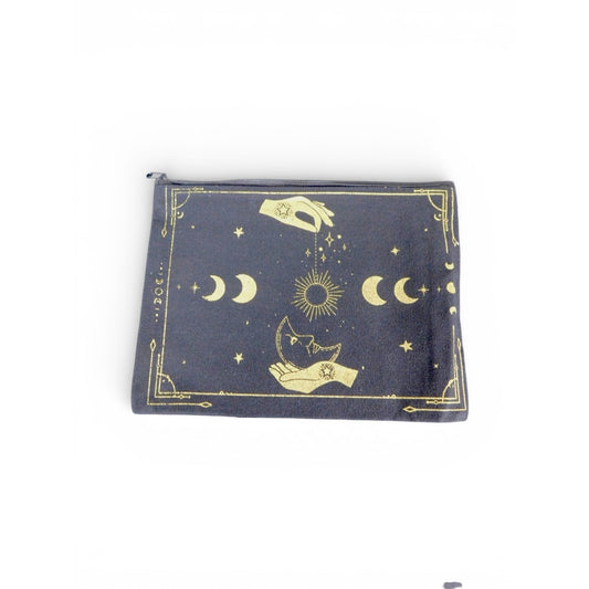 Celestial Clutch Bag Womens Small Black Canvas Moon Stars Zip Pouch Cosmetic