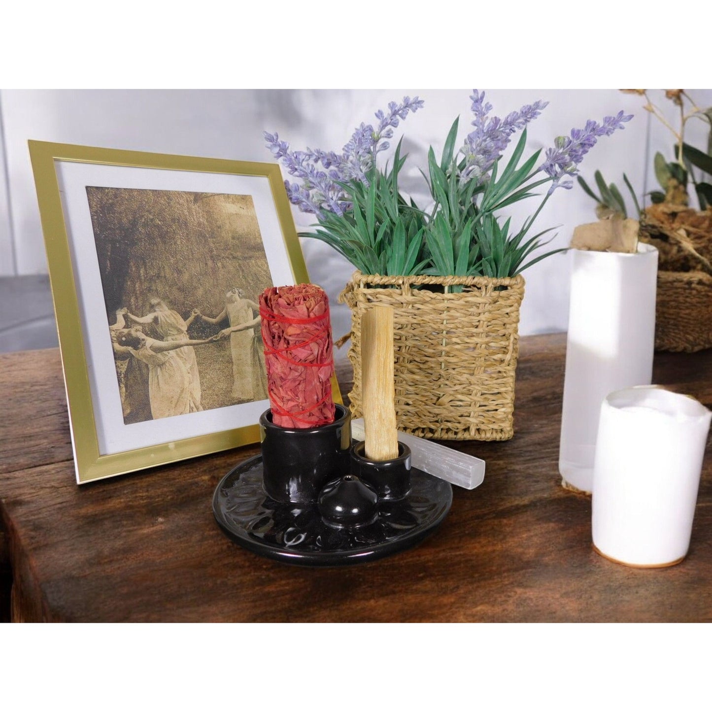 Black Ceramic Incense Holder Ash Catcher Altar Sage Smudge Bowl