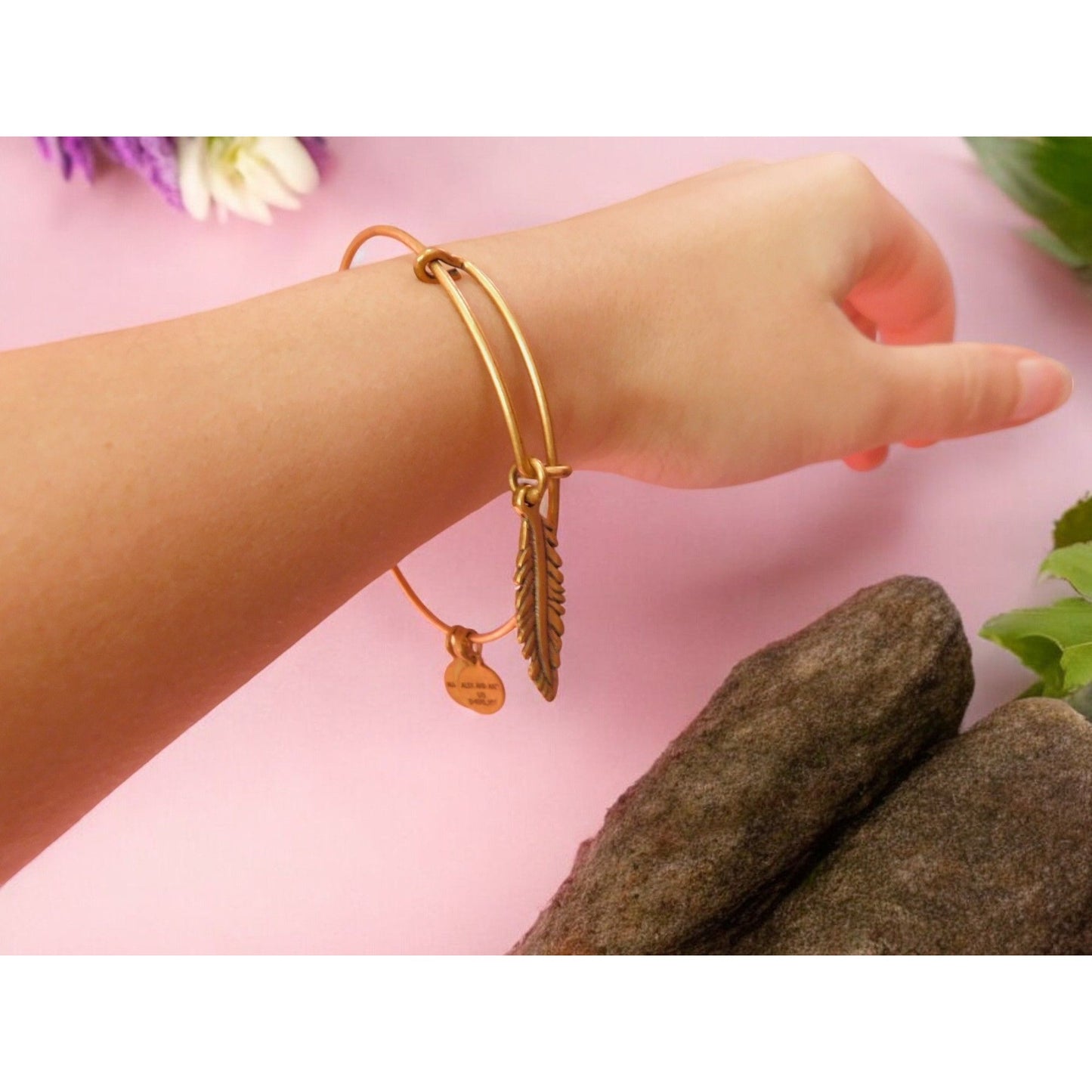 Alex and Ani Feather Charm Gold-Tone Bangle - Boho Chic Bracelet