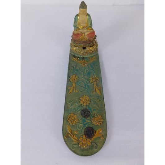 Vintage Buddha Incense Holder Green Gold Floral Tray Buddhist Altar Decor Statue