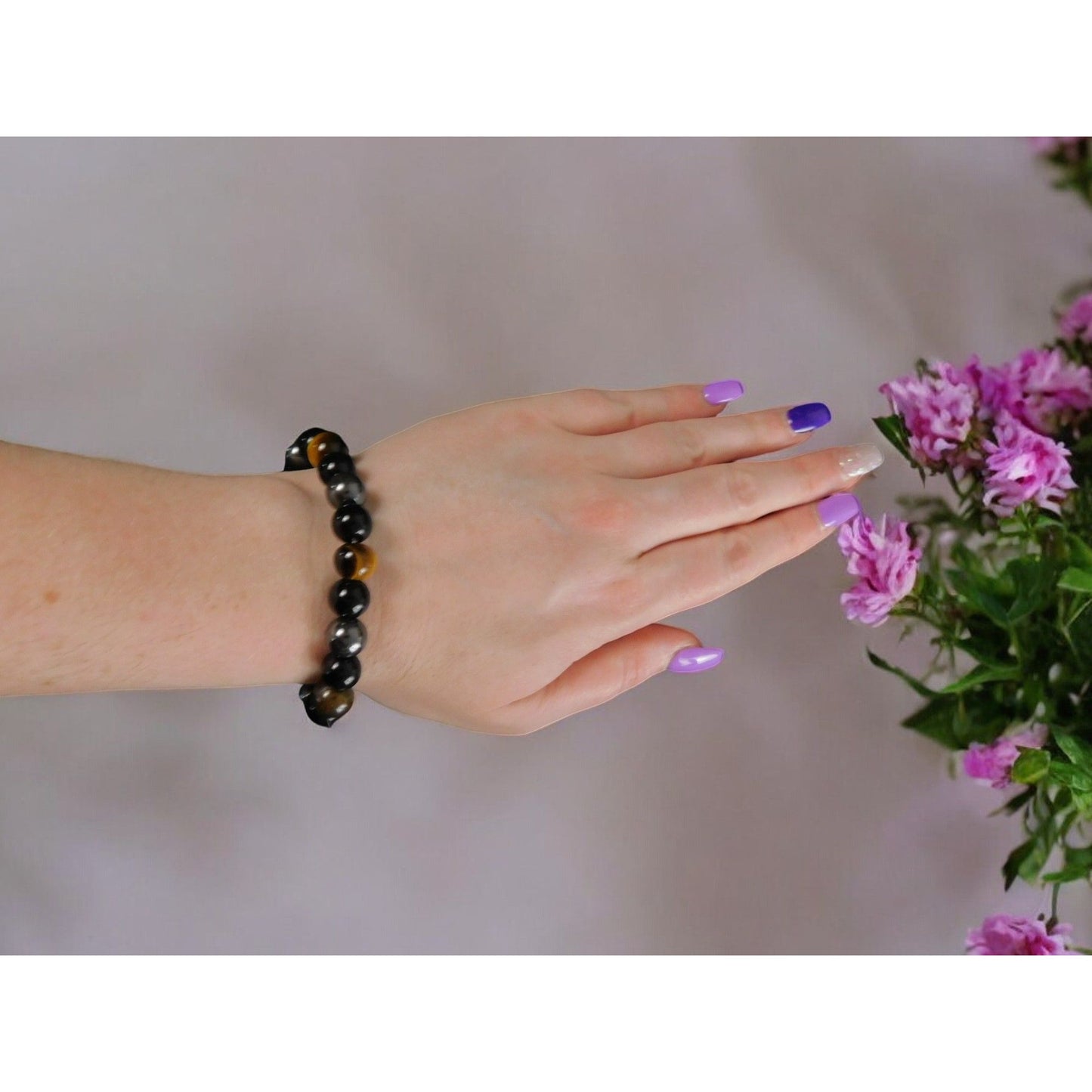 Bracelet Triple Protection Hématite Obsidienne Noire Oeil de Tigre Pour Protection 8mm