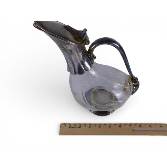 Vintage Clear Glass Art Nouveau Pitcher Metal Mounted Hinged Lid Handle Unmarked