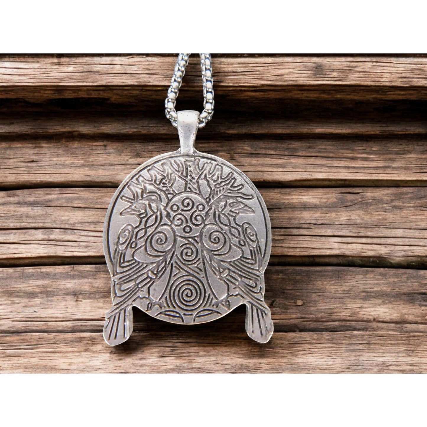 Tree Of Life Pendant Necklace With Twin Ravens Design 1.4" Pendant Diameter 23.5" Chain Length