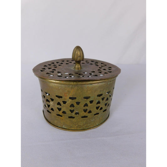 Vintage Brass Pierced Round Candle Holder Lidded Patina Made In India Decor