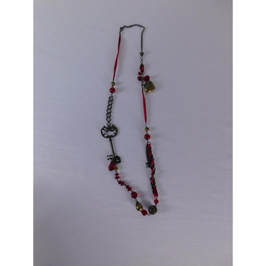 Key Heart Charm Pendant Necklace Red Beaded Steampunk Satin Ribbon Jewelry