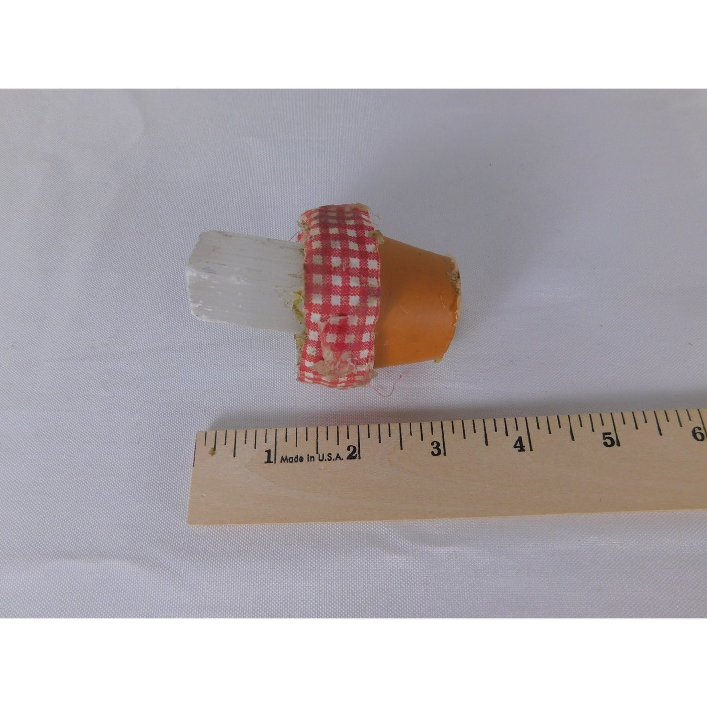Mini Selenite Crystal In Terracotta Pot Gingham Ribbon Rustic Witchy Altar Decor
