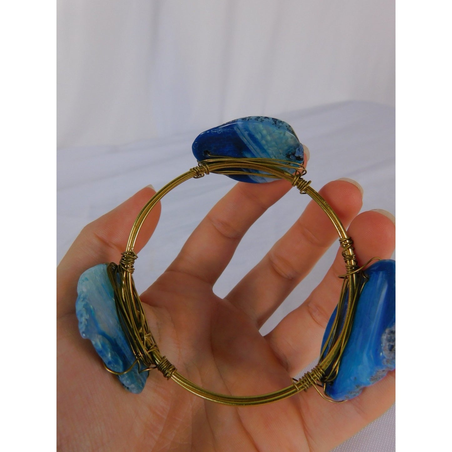 Handmade Bangle Bracelet Wire Wrapped Gold Tone Boho Statement Agate Jewelry