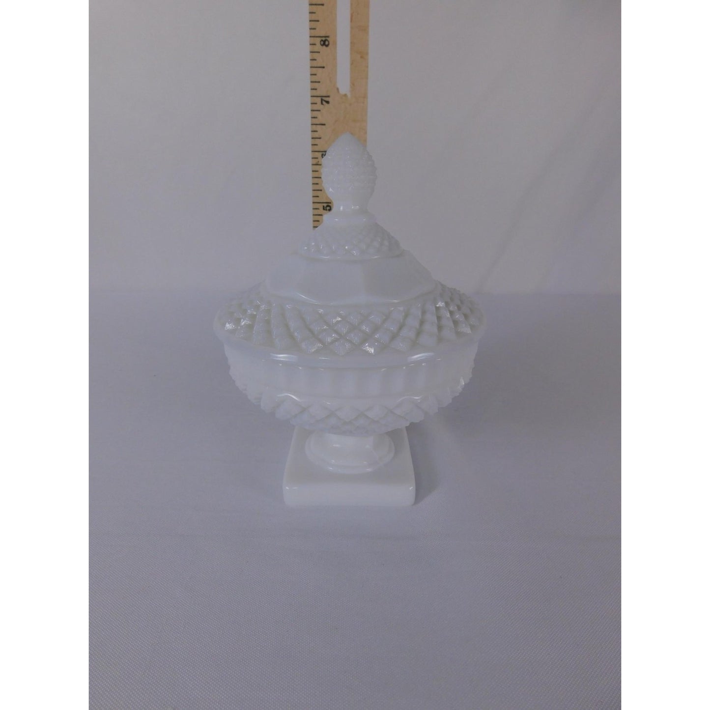 Vintage White Milk Glass Diamond Point Lidded Compote Pedestal Bowl Candy Dish
