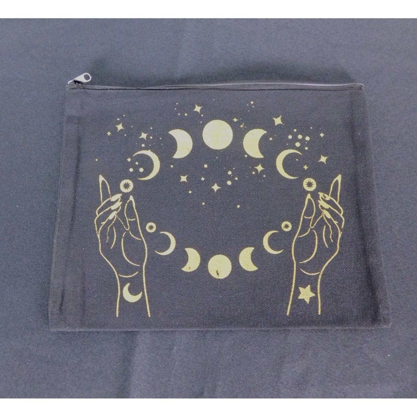 Moon Phase Black Canvas Zipper Pouch 9"x7" Mystical Hand Celestial