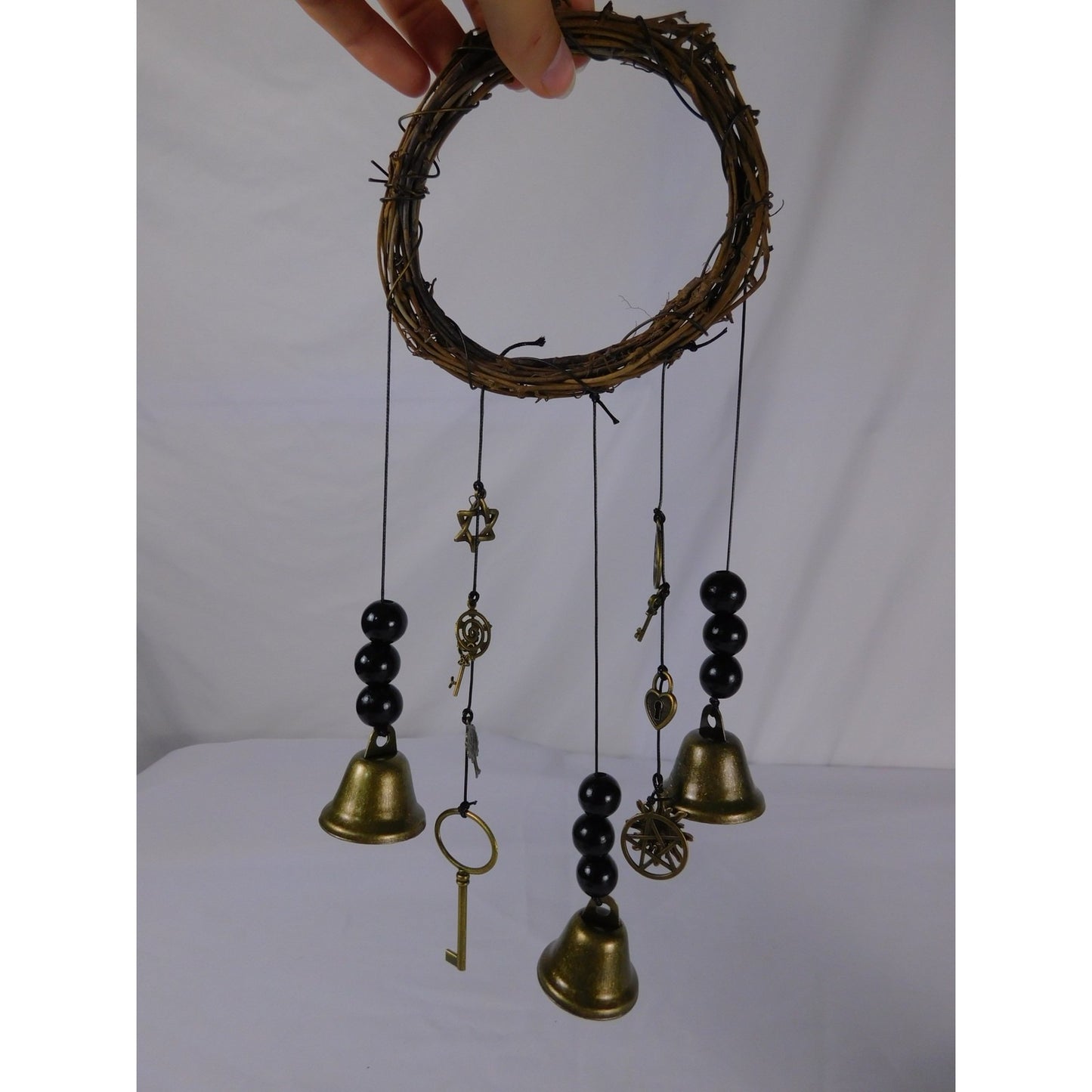 Handmade Grapevine Wreath Witches Bells For Protection With Brass Bells & Charms
